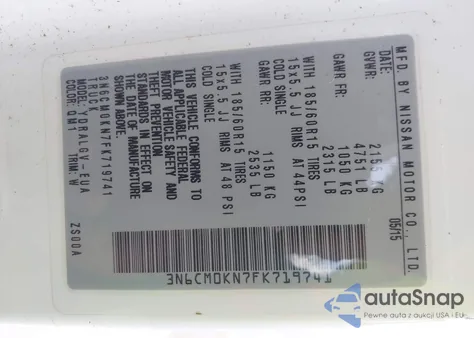 2015 Nissan Nv200 Sv z USA, uszkodzony, nr VIN 3N6CM0KN7FK719741